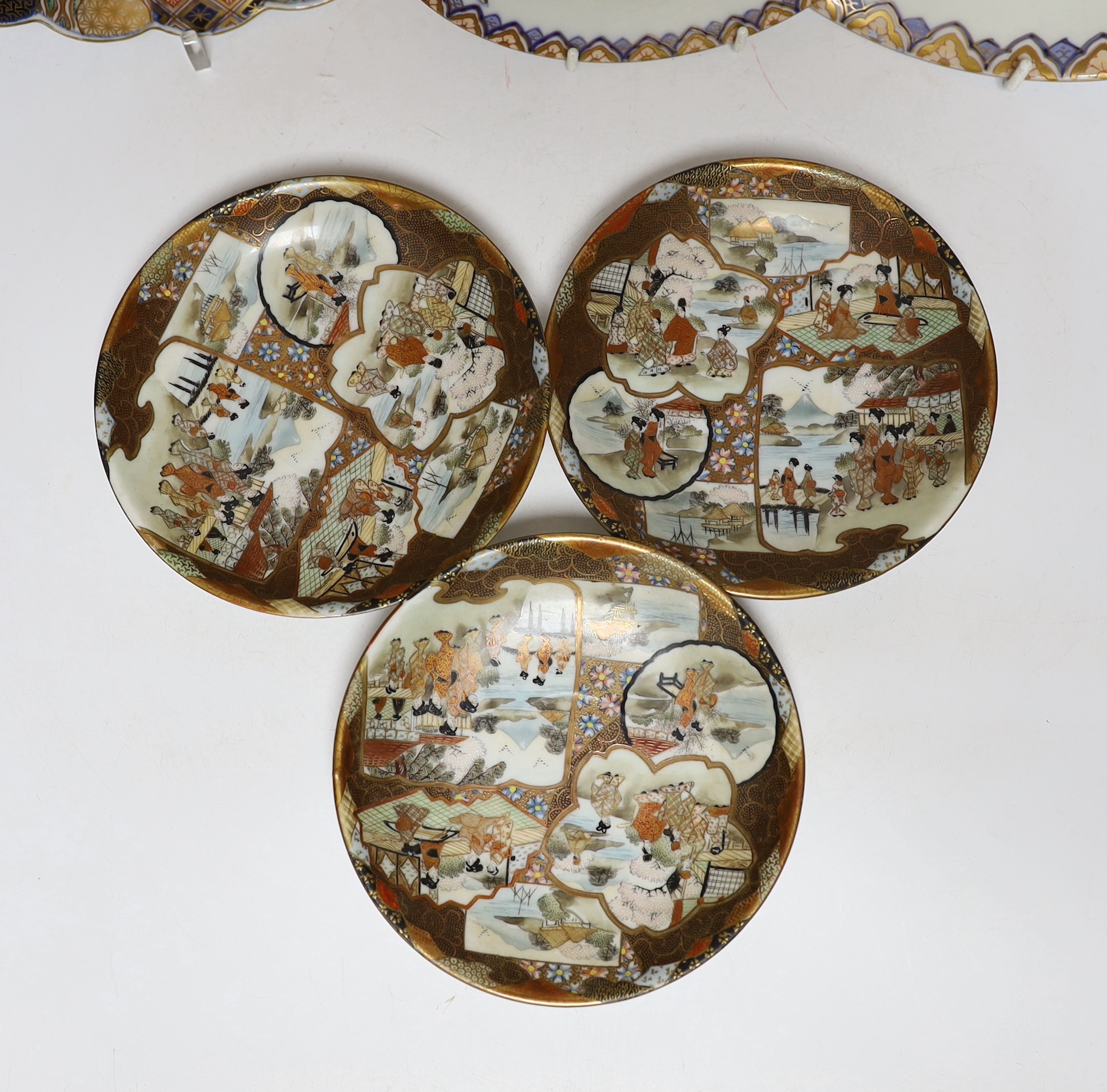 Assorted Japanese ceramics including Imari plate and three satsuma saucers, largest 25cm in diameter